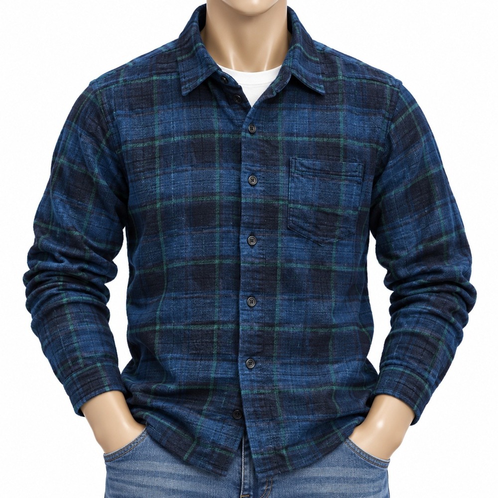 John Elliott FW18 Navy Blue Green Plaid Flannel Button Down Shirt Mens Medium